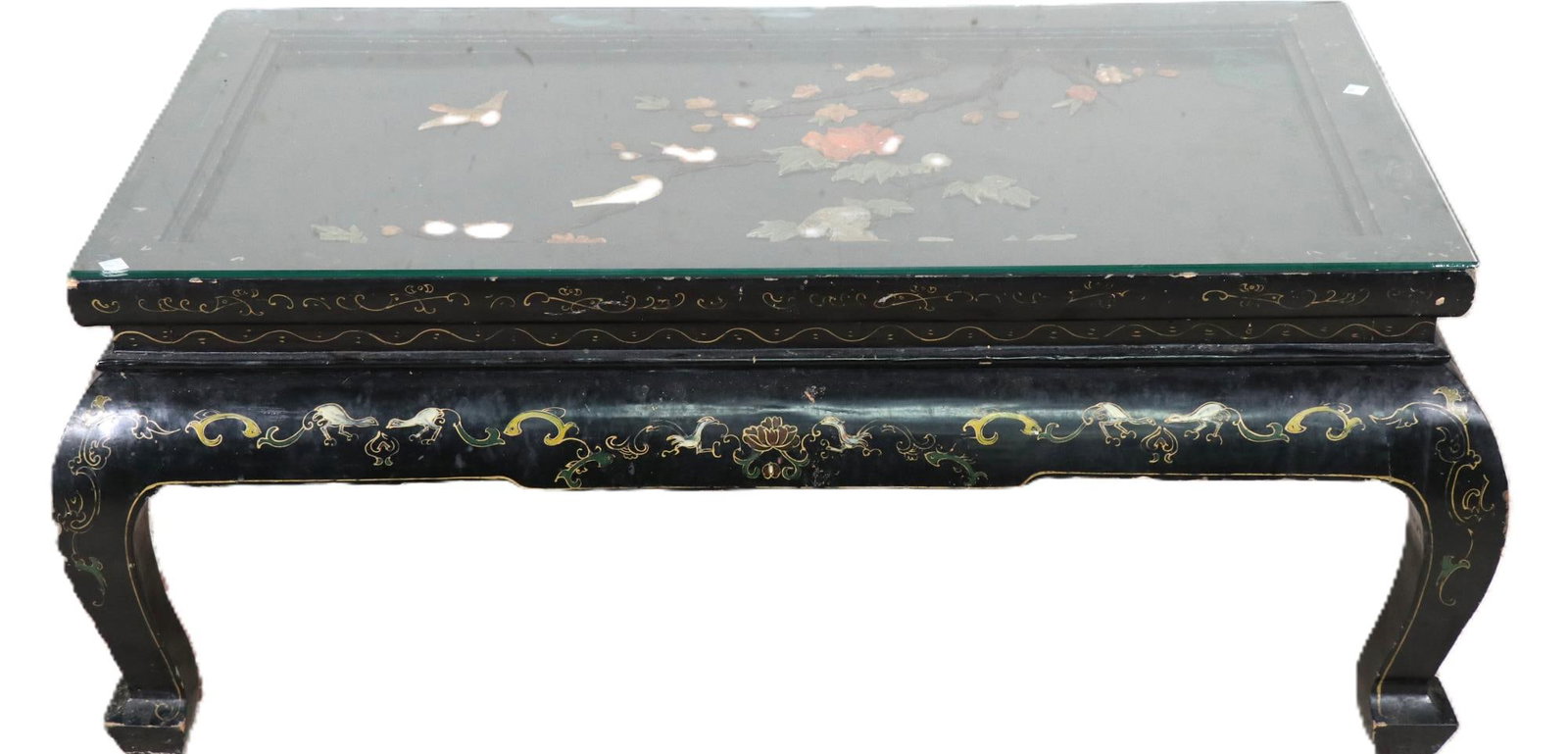 CHINESE BLACK LAQUERED COFFEE TABLE: CHINESE BLACK LAQUERED COFFEE TABLE. Height: 17 in. by Width: 42 in. by Depth: 24.5 in.