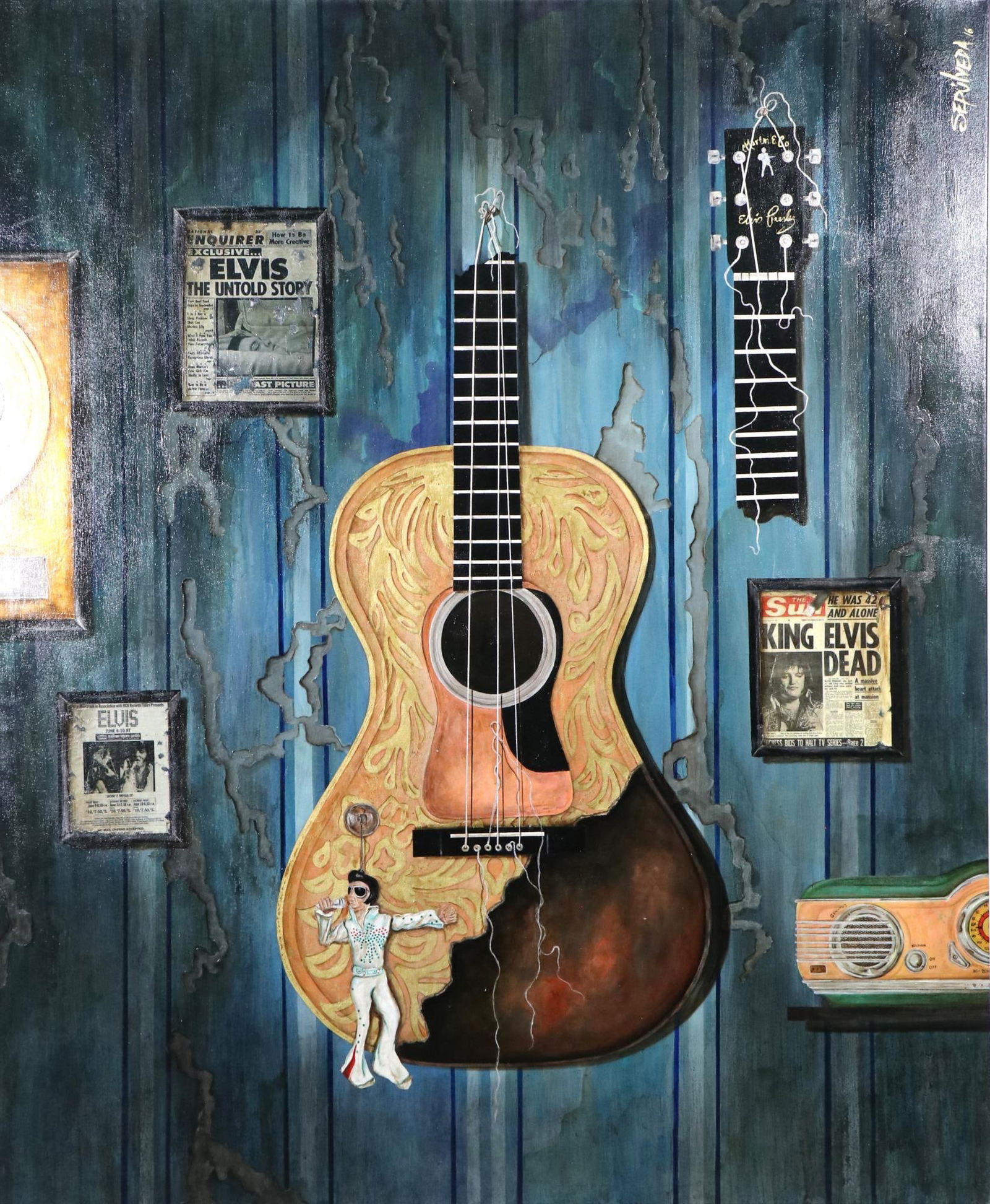 BENJAMIN SUPULVEDA "THE BROKE GUITAR OF ELVIS" OIL: BENJAMIN SUPULVEDA "THE BROKE GUITAR OF ELVIS" OIL ON CANVAS PAINTING. Height: 70 in. by Width: 58 in. by Depth: 1.5 in.