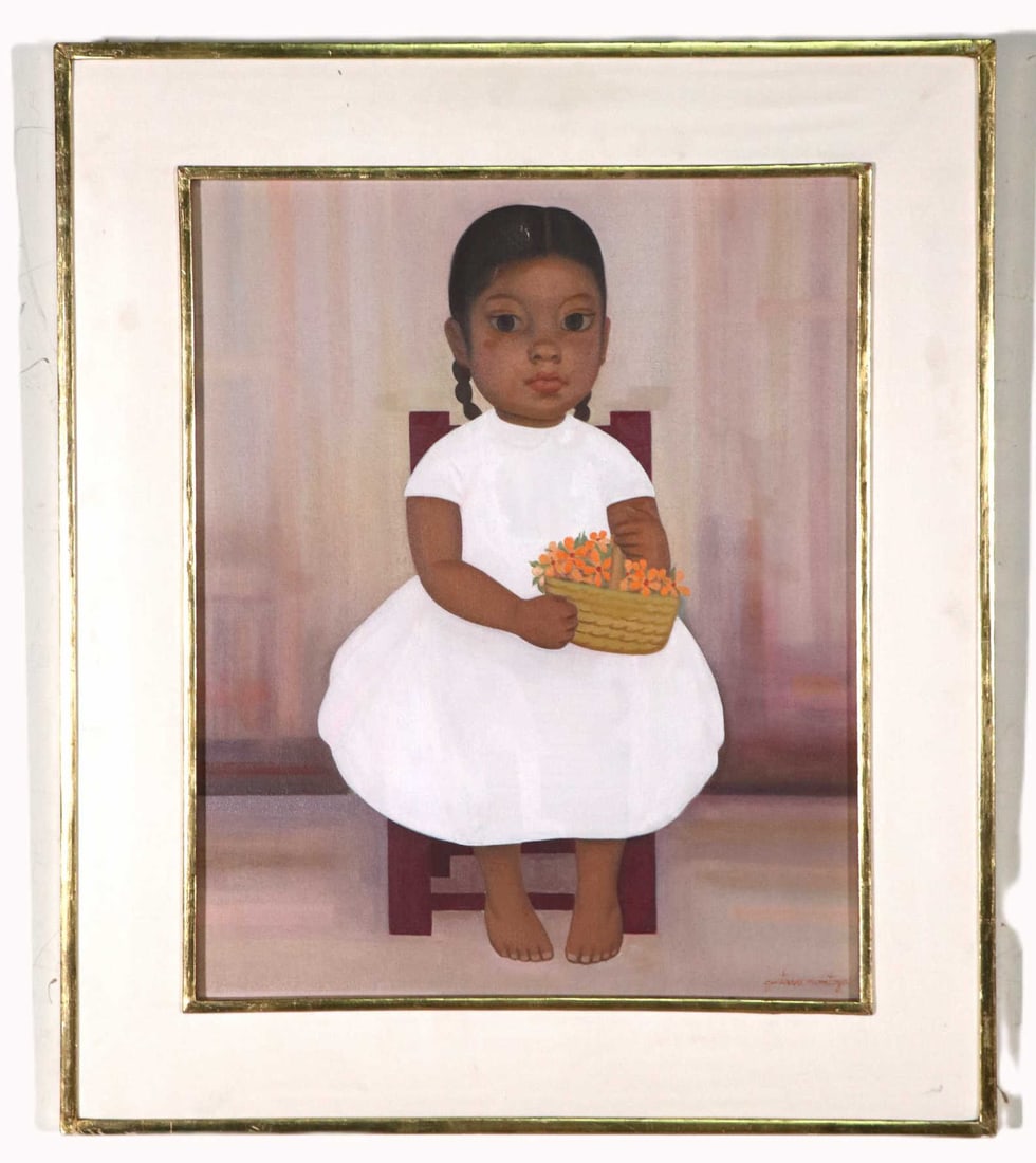 GUSTAVO MONTOYA GIRL WITH FLOWERS OIL ON CANVAS, 1963 (1 of 7)