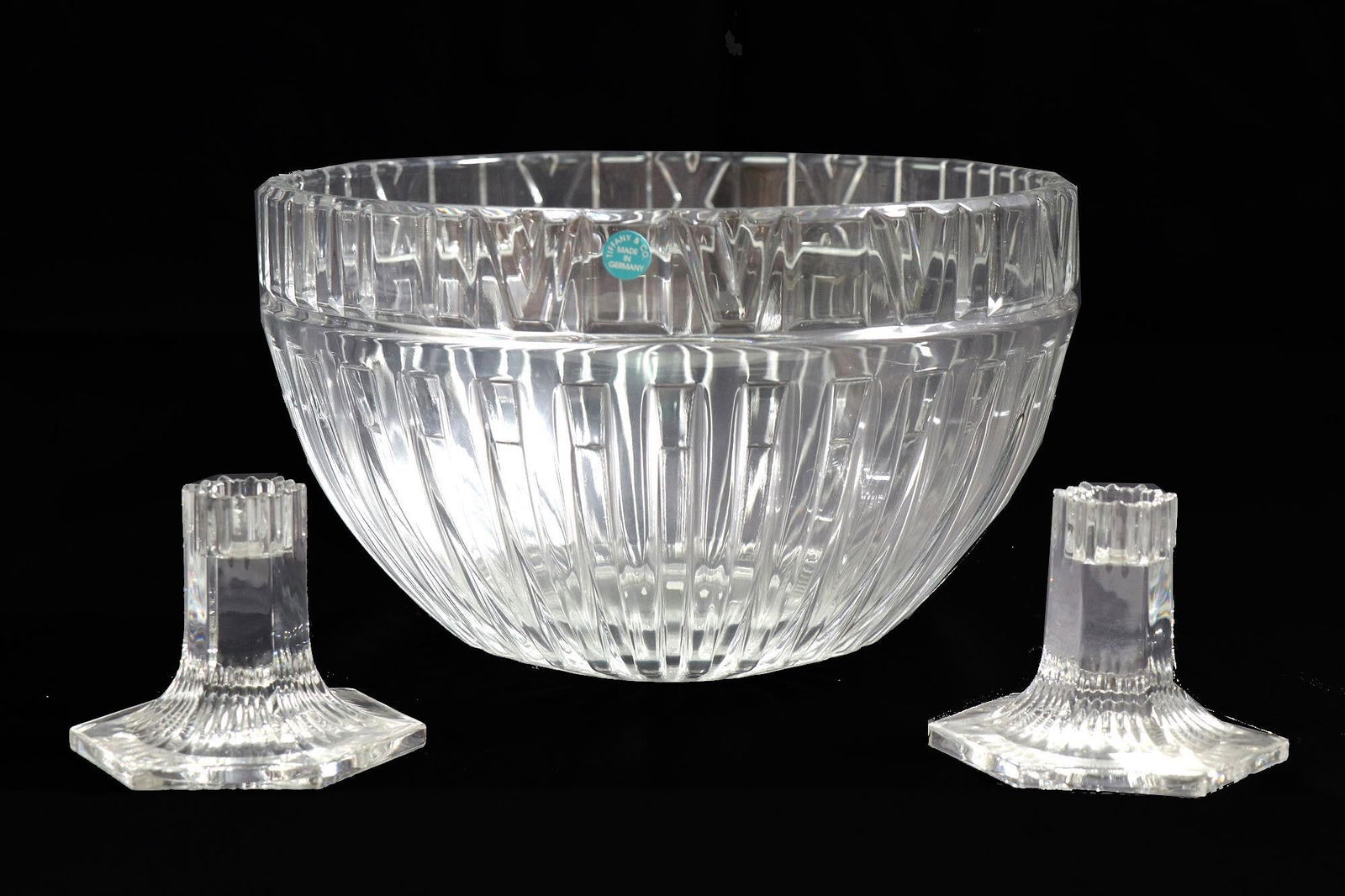 TIFFANY AND CO. BOWL & PAIR OF CANDLESTICKS: TIFFANY AND CO. BOWL & PAIR OF CANDLESTICKS. Height: 6 in. by Width: 10 in. by Depth: 10 in.