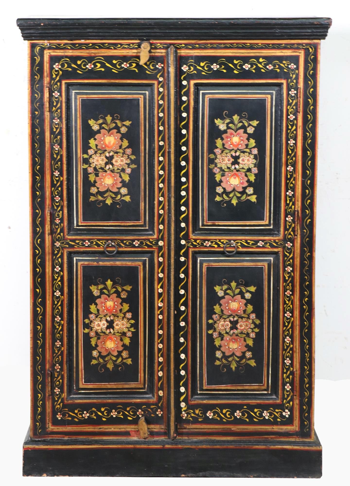 TIBETAN LACQUERED & GILDED CABINET: TIBETAN LACQUERED & GILDED CABINET. Height: 48.5 in. by Width: 32 in. by Depth: 15 in.