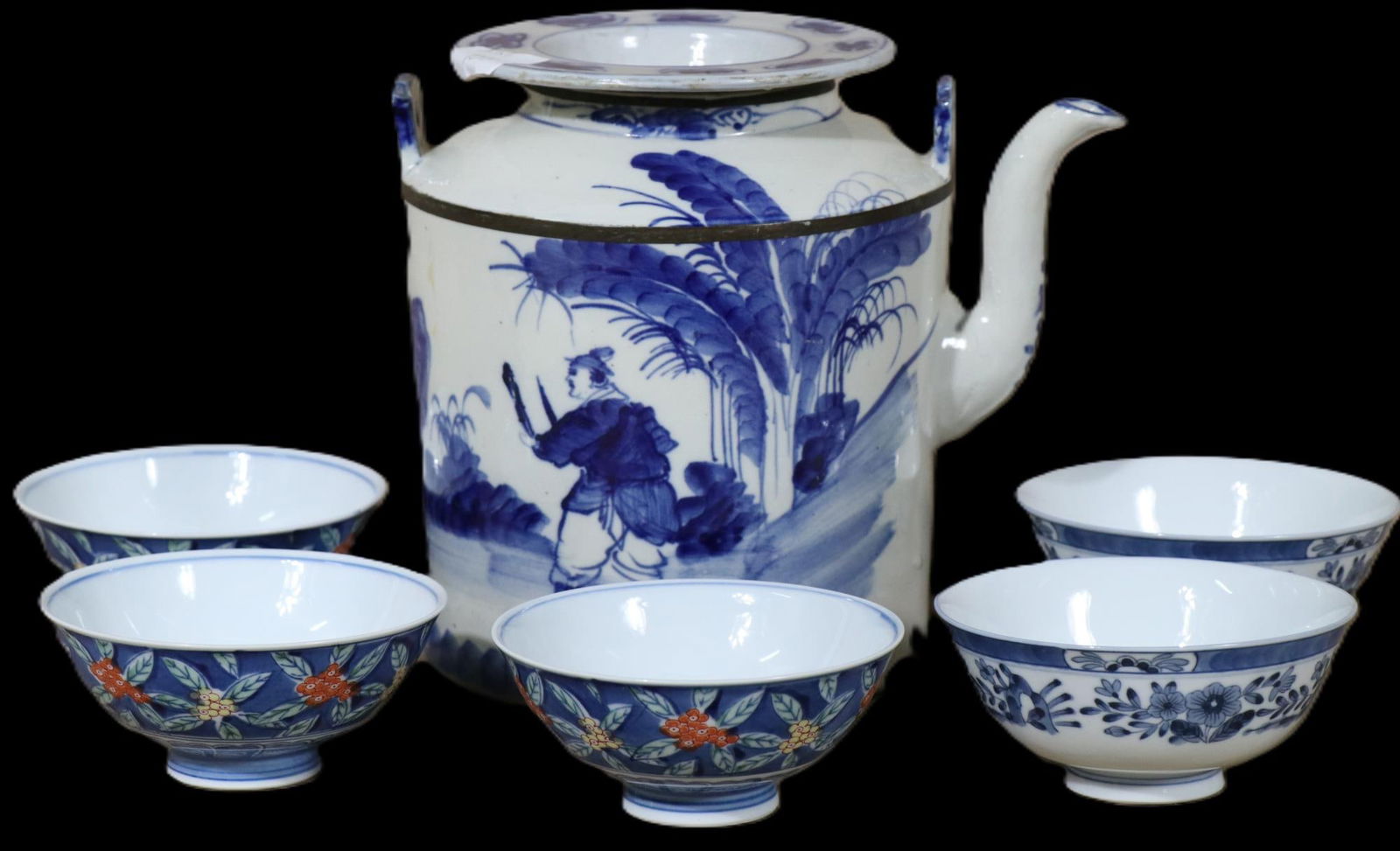 CHINESE BLUE & WHITE SIX-PIECE TEA SET (1 of 4)
