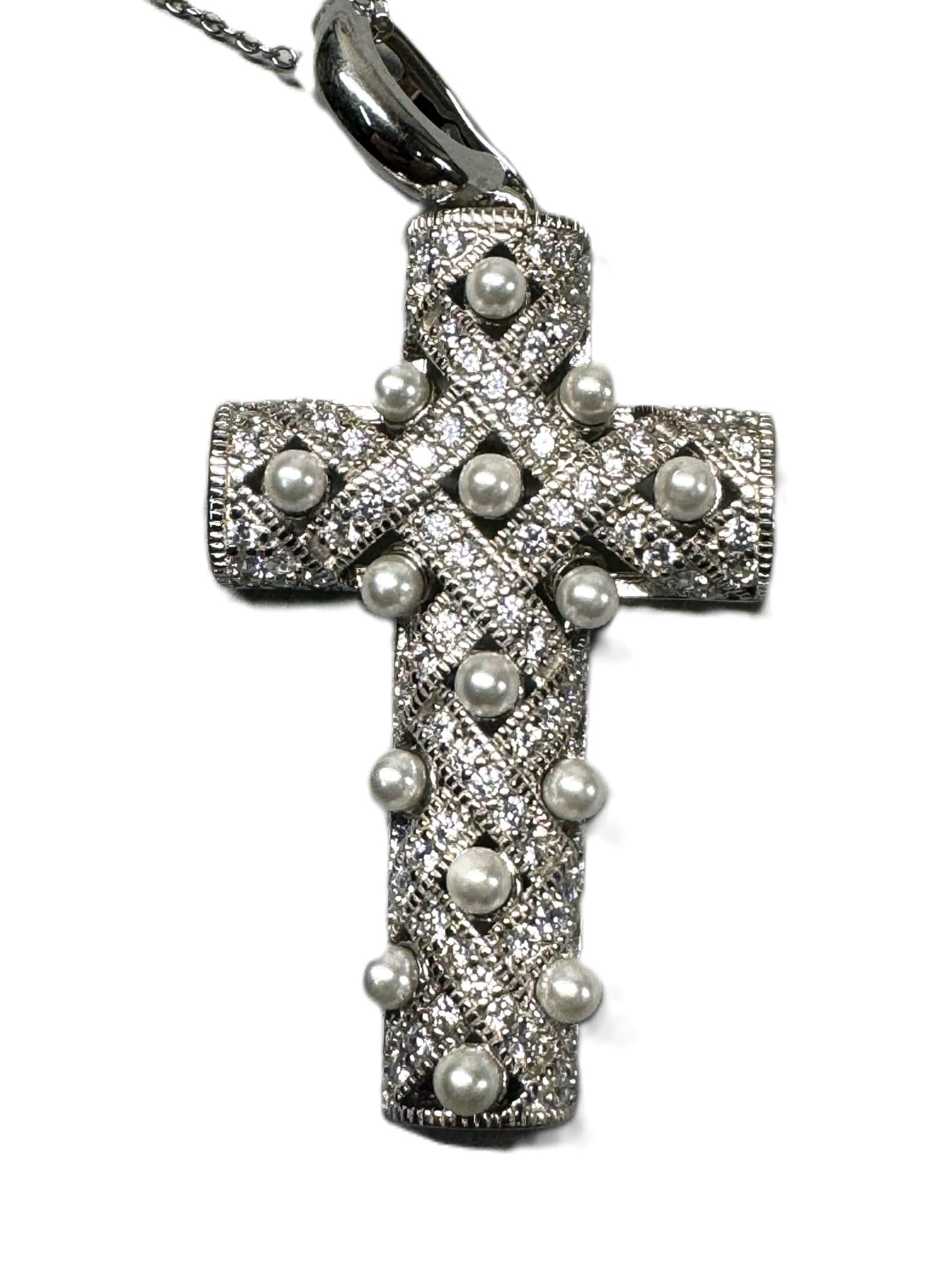 CZ DIAMOND AND FAUX PEARL CROSS PENDANT NECKLACE (1 of 3)