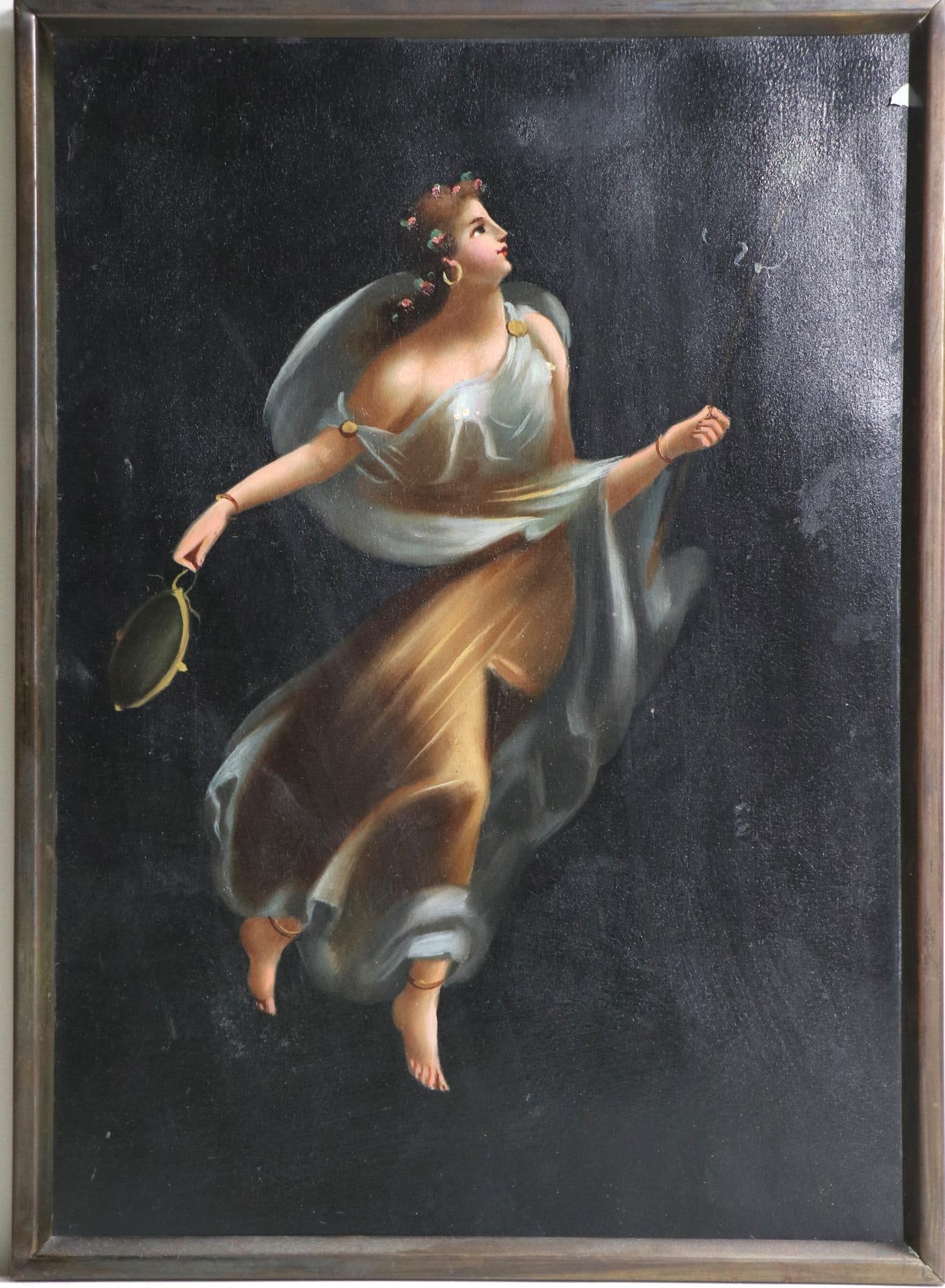19th CENTURY DANCING LADY OIL ON TIN PAINTING: 19th CENTURY DANCING LADY OIL ON TIN PAINTING. Height: 14.5 in. by Width: 10 in.