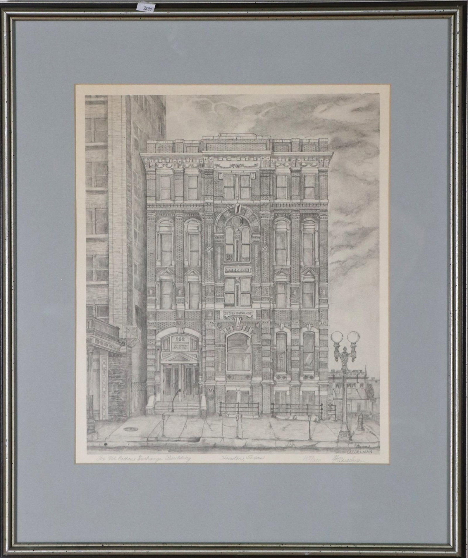 COTTON EXCHANGE DOWNTOWN HOUSTON ENGRAVING: THE OLD COTTON EXCHANGE DOWNTOWN HOUSTON, TEXAS ENGRAVING. Height: 25 1/2 in. by Width: 20 1/2 in.