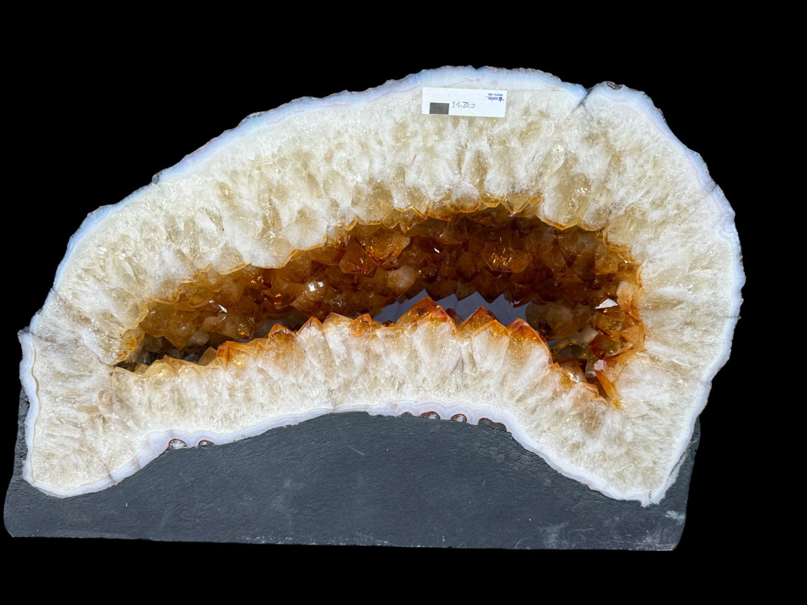 LARGE CITRINE CRYSTAL'S WINDOW: LARGE CITRINE CRYSTAL'S WINDOW, WITH LARGE INDIVIDUAL CRYSTALS AND DEEP YELLOW COLOR. 14.3KG. Height: 16 in. by Width: 11