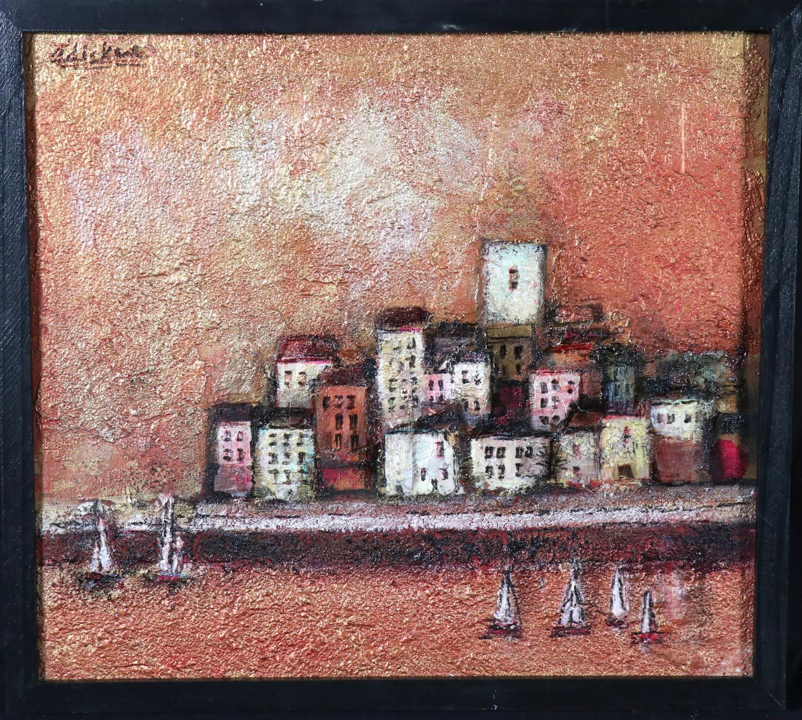 DAVID ADICKES GOLDEN ANTIBES ACRYLIC ON PANEL: DAVID ADICKES GOLDEN ANTIBES ACRYLIC ON PANEL, 2018. Height: 17 in. by Width: 19 in.