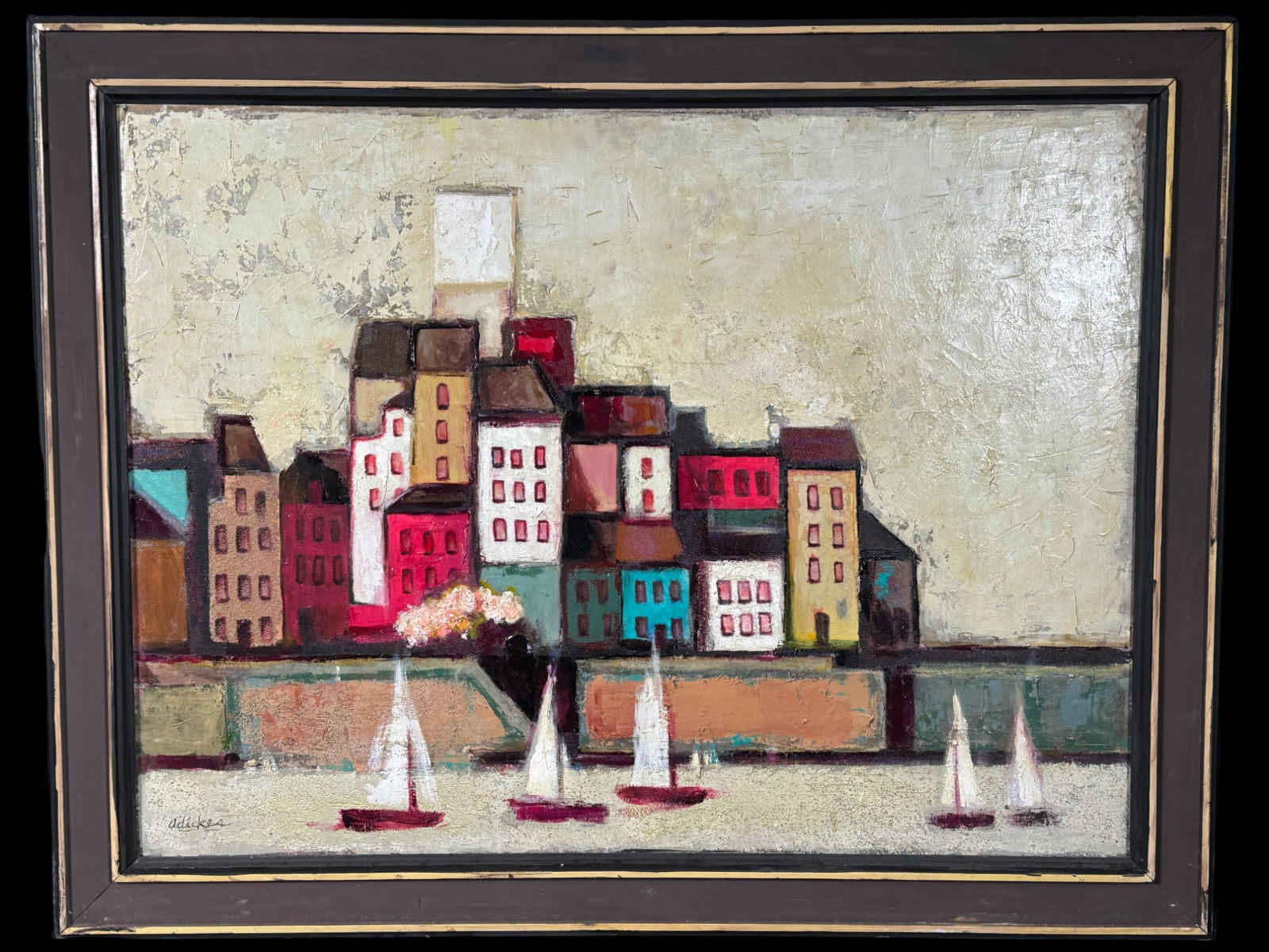 DAVID ADICKES "PORT SCENE" ACRYLIC ON PANEL: DAVID ADICKES "PORT SCENE" ACRYLIC ON PANEL PAINTING. Height: 34 in. by Width: 45 in. by Depth: 1.25 in.