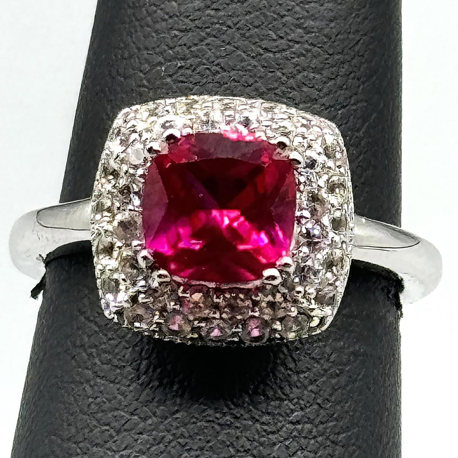 CUSHION CUT SIMULATED RED RUBY WITH DIAMOND HALO (1 of 3)