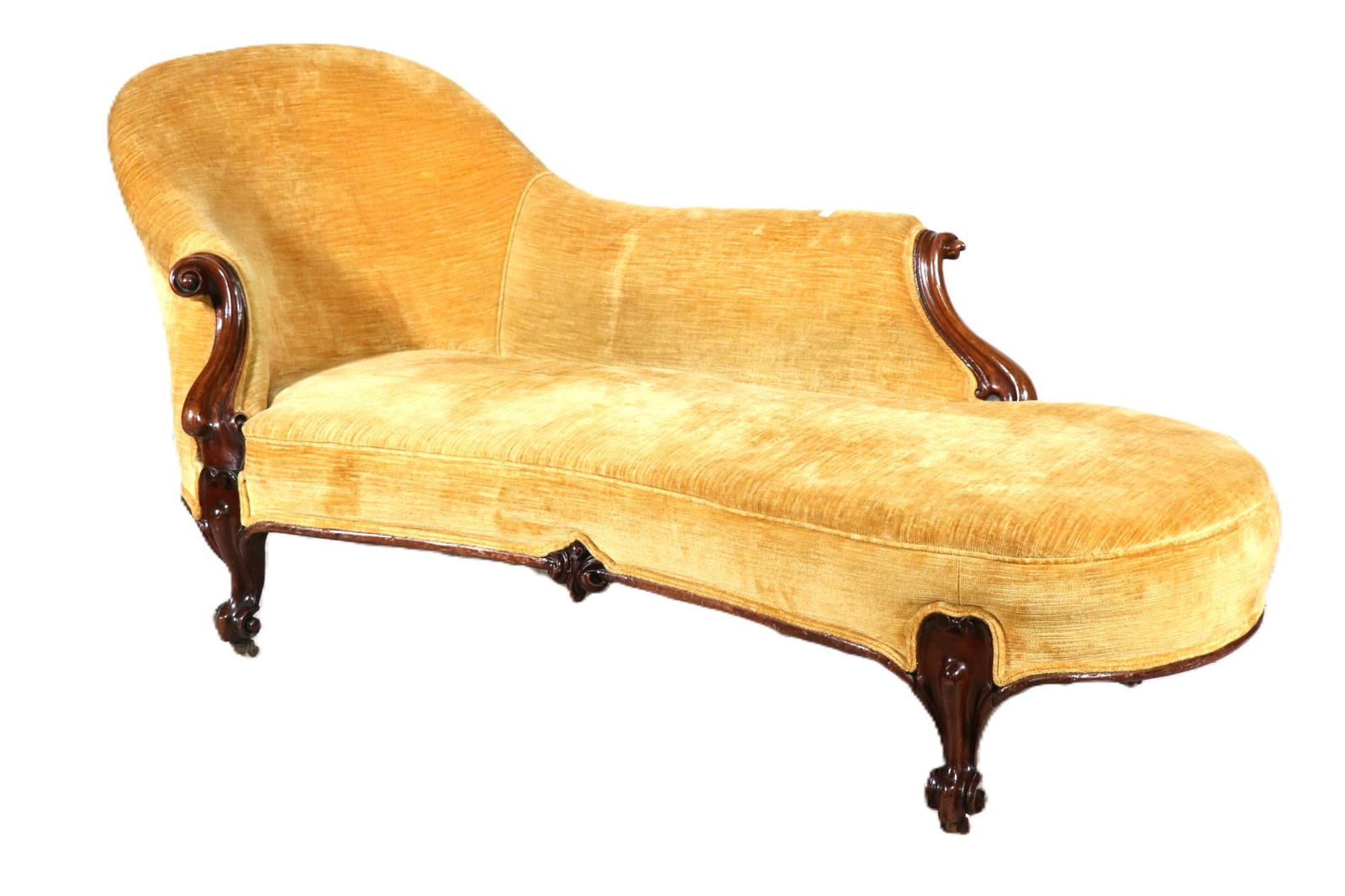 ANTIQUE YELLOW UPHOLSTERED CHAISE WITH WALNUT: ANTIQUE YELLOW UPHOLSTERED CHAISE WITH WALNUT ARMS AND LEGS Height: 31 in. by Width: 27 in. by Depth: 70