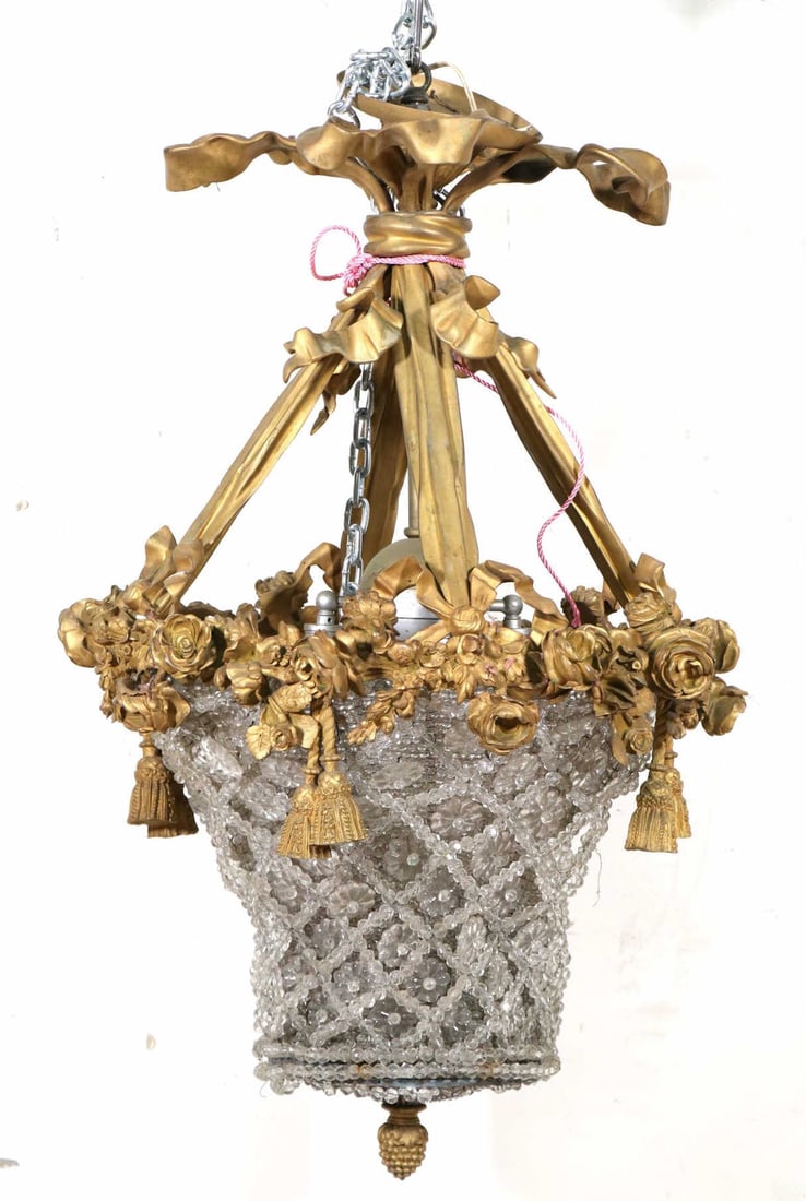ANTIQUE BEADED GLASS & GILT BRASS CHANDELIER (1 of 4)