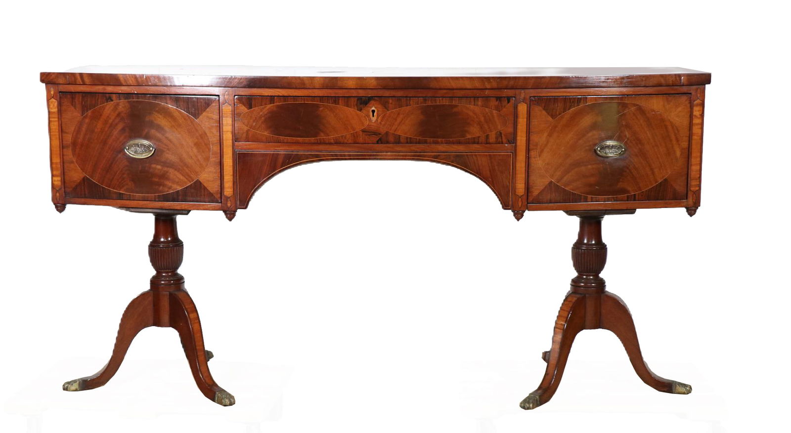 CIRCA 1840's DUNCAN PHYFE INLAID SIDEBOARD: CIRCA 1840's DUNCAN PHYFE INLAID SIDEBOARD ON TRIPOD SPLAYED LEGS. Height: 36 in. by Width: 71 in. by Depth: 24 in.