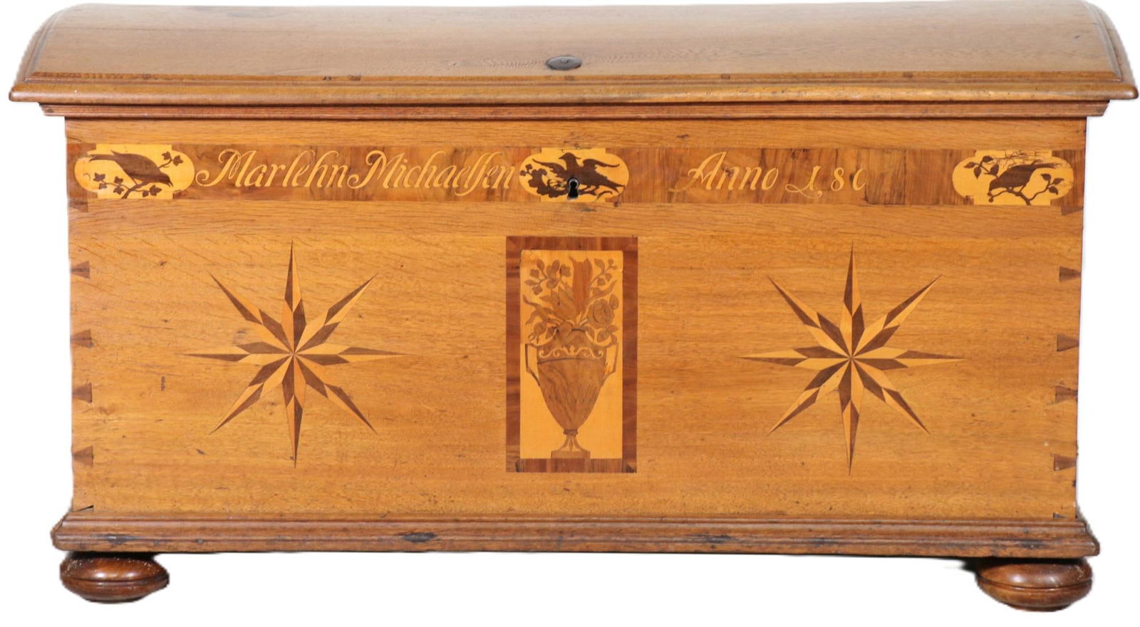 CIRCA 1807 DOMED TOP INLAID WOODEN TRUNK (1 of 5)