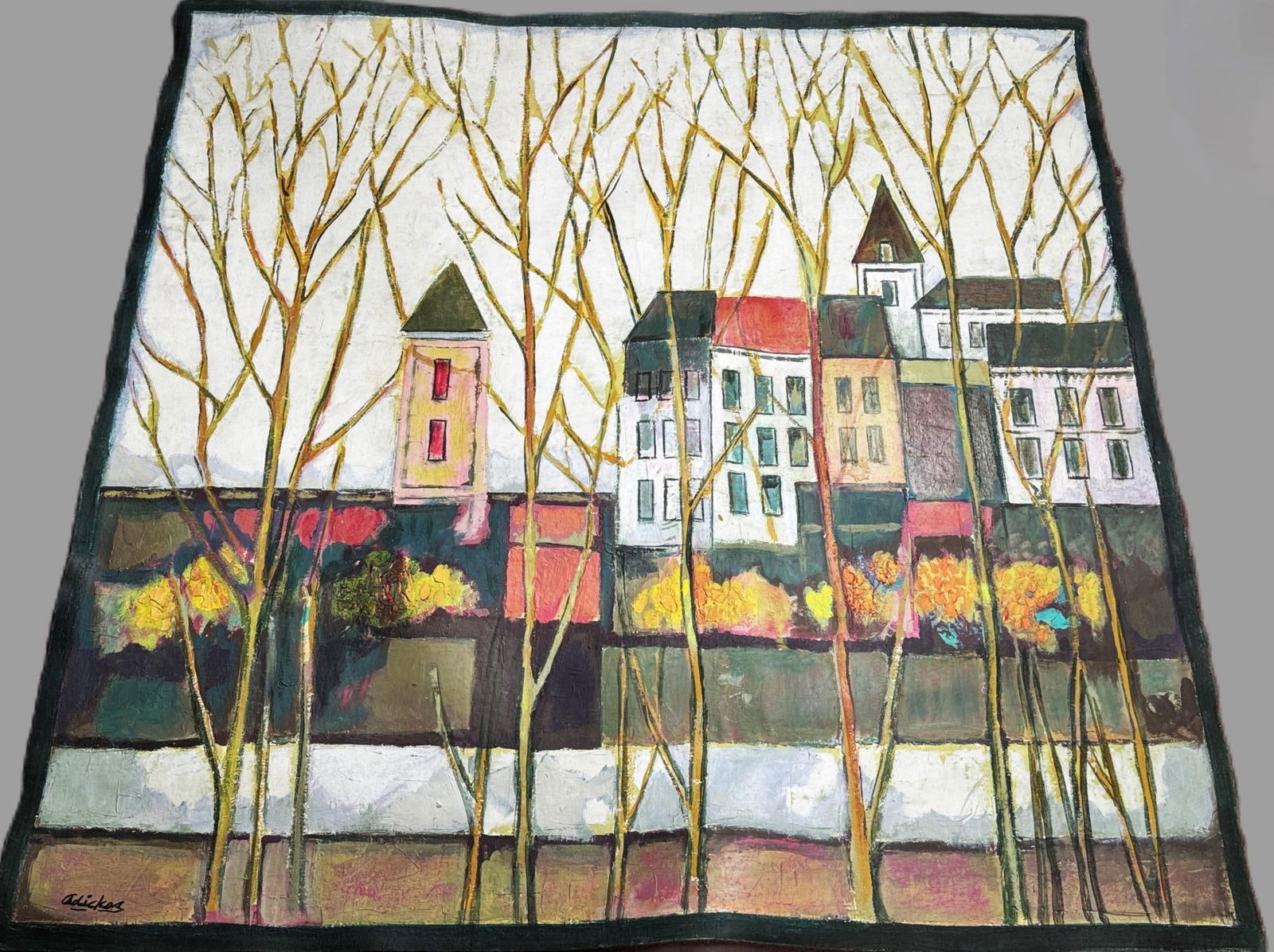 DAVID ADICKES  VILLAGE SCENE WITH TREES ACRYLIC (1 of 4)