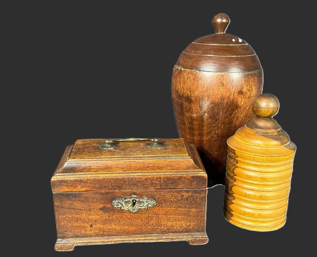 ANTIQUE MIXED LOT OF TEA CADDY & 2 TREENWARE (1 of 5)