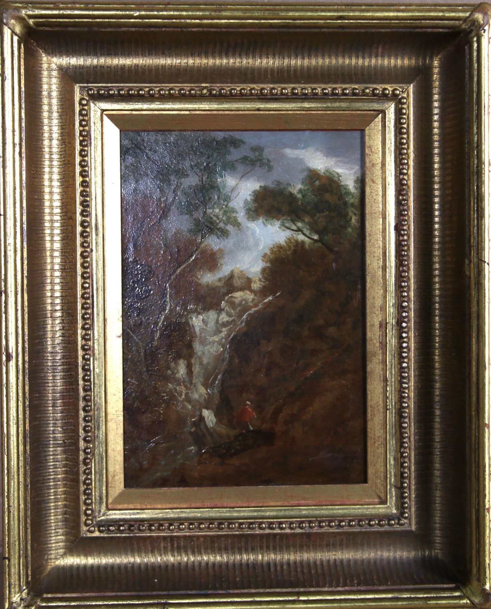 TRAVELER NEAR WATERFALL THOMAS BARKER: TRAVELER NEAR WATERFALL THOMAS BARKER 1769-1847 Height: 14 in. by Width: 11 in.