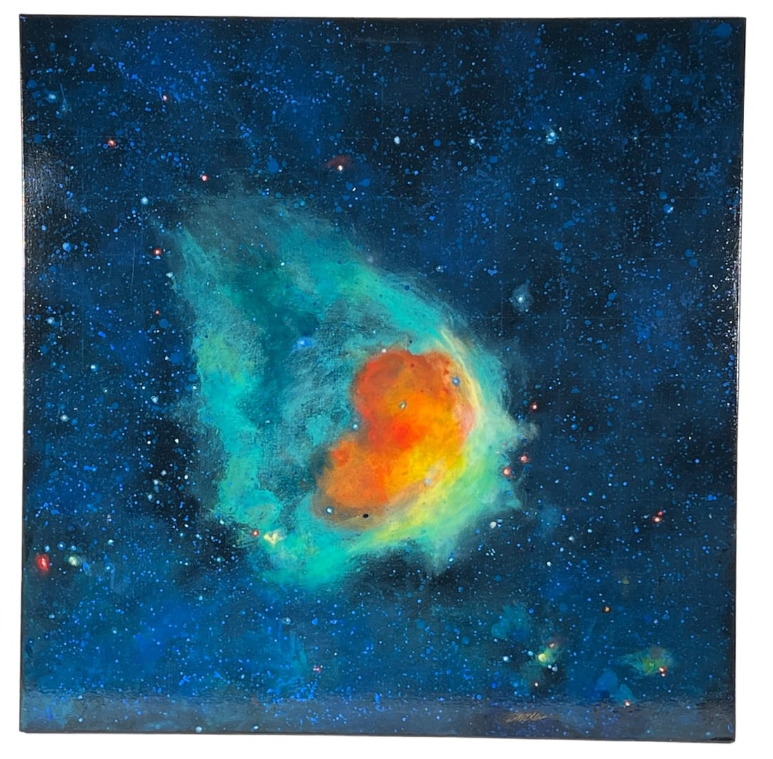 JIM ELLIS "GLOWING EMERALD NEBULA" ACRYLIC: JIM ELLIS "GLOWING EMERALD NEBULA" ACRYLIC ON CANVAS. Height: 36 in. by Width: 36 in. by Depth: 1.5 in.