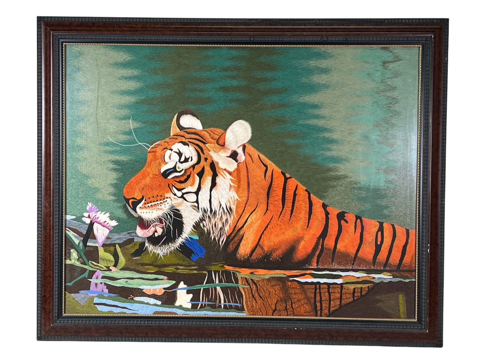 ASIAN VINTAGE SILK EMBROIDERED TIGER: ASIAN VINTAGE SILK EMBROIDERED TIGER. Height: 36 in. by Width: 47.5 in. by Depth: 1.5 in.