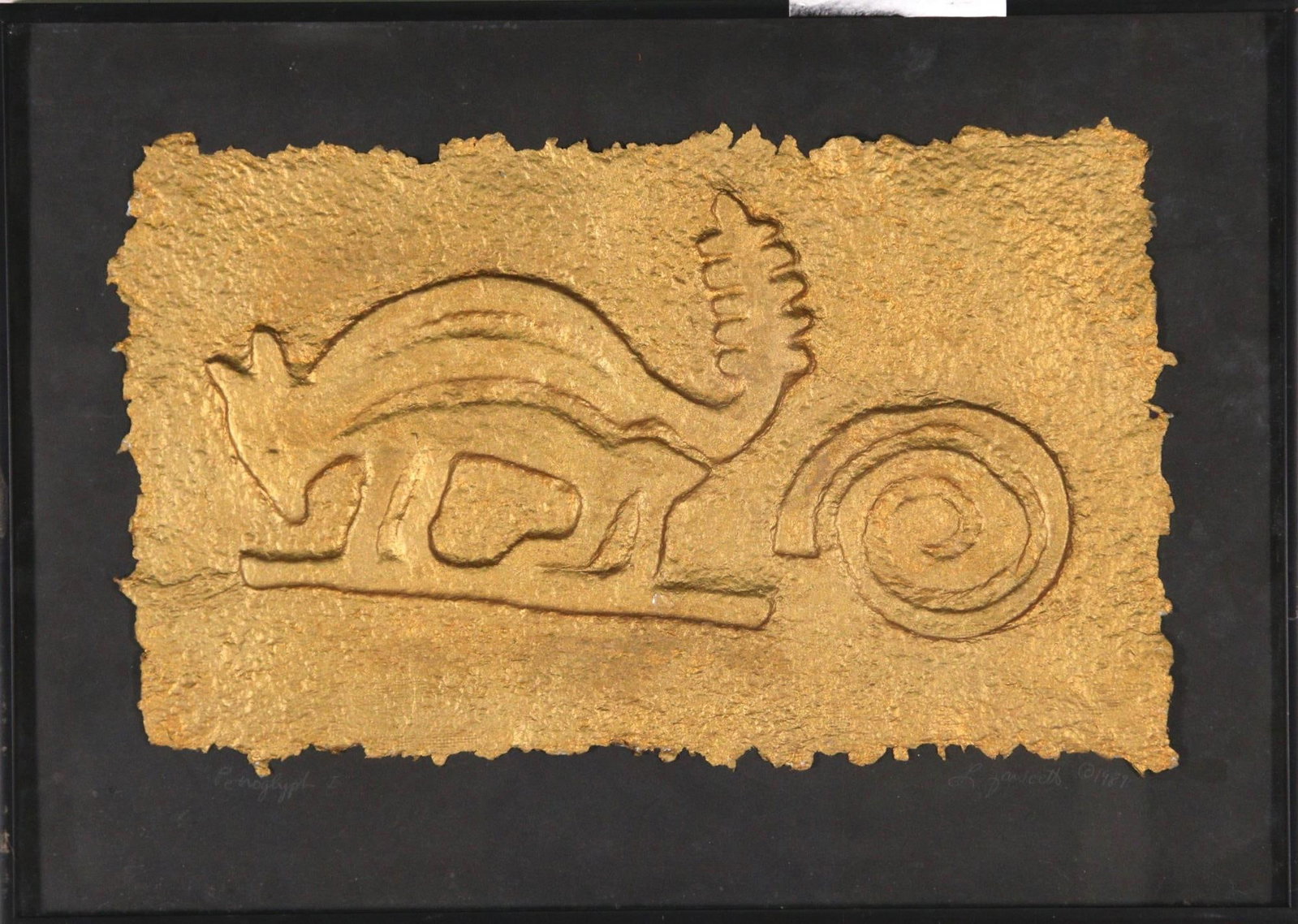 HANDMADE PAPER GOLD ART ANIMAL: HANDMADE PAPER GOLD ART ANIMAL FRAMED IN BLACK. Height: 17" in. by Width: 24" in. by Depth: 1