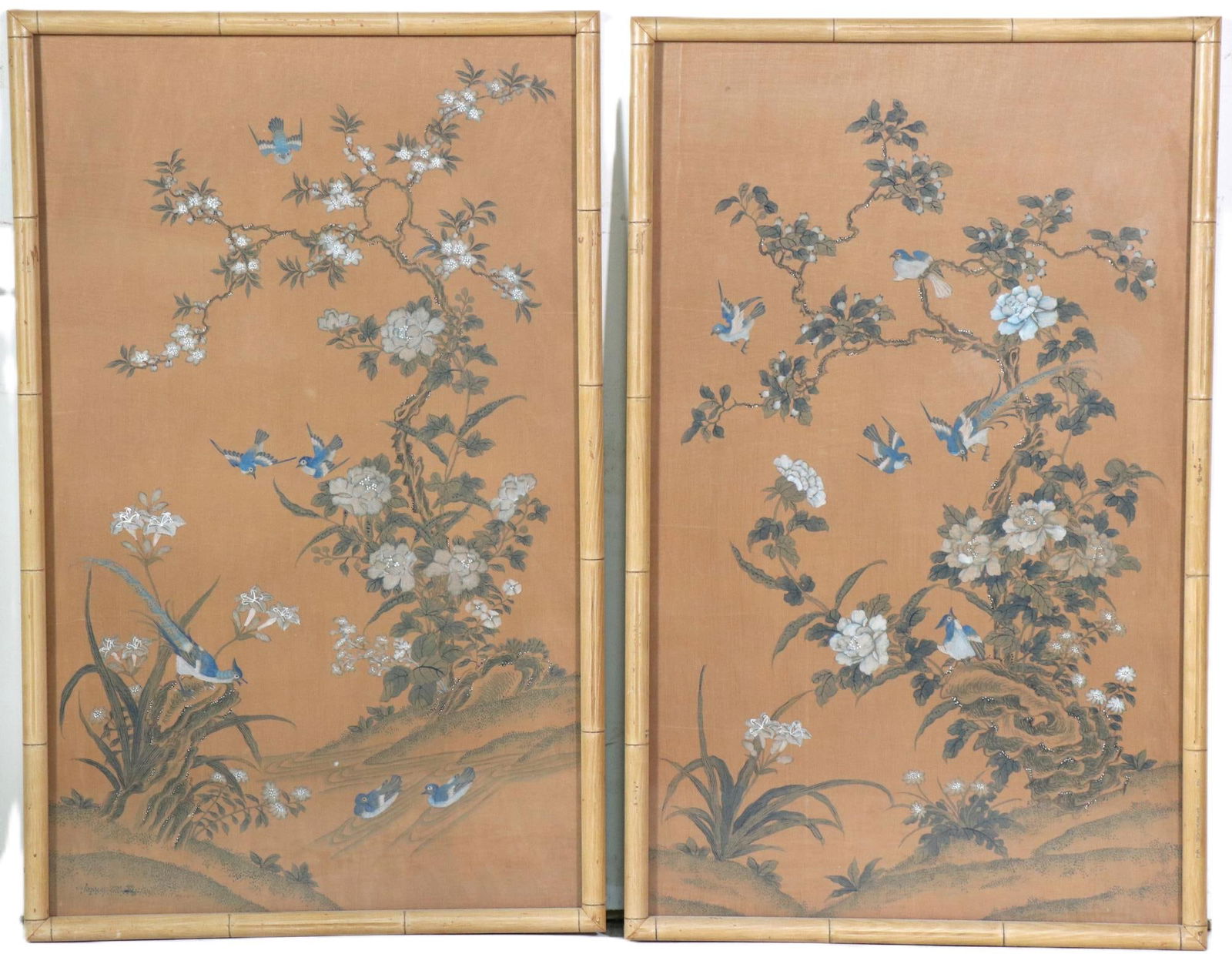 ANTIQUE PAIR OF CHINESE SILK PAINTINGS (1 of 4)