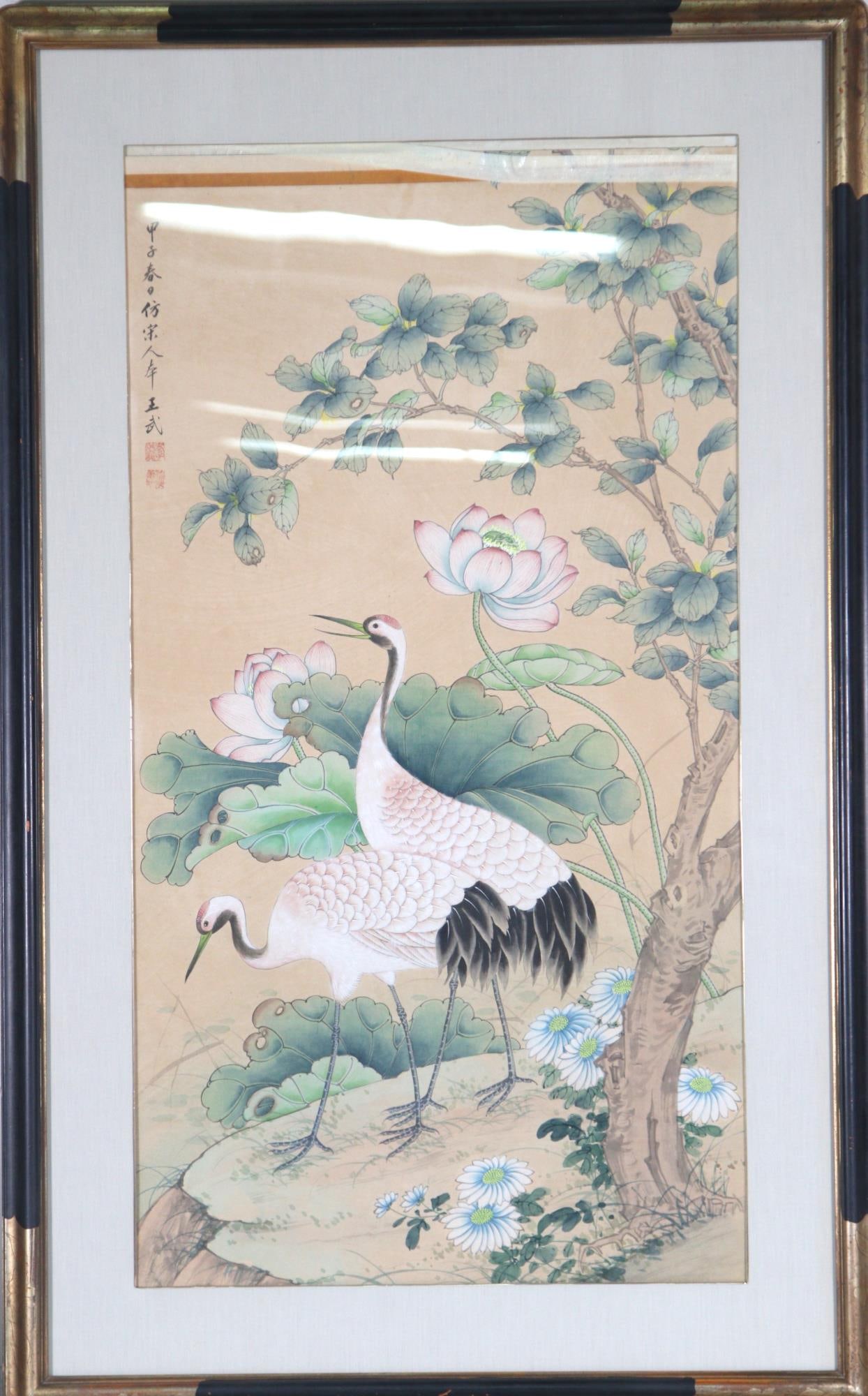 WATERCOLOR CRANES ON SILK: WATERCOLOR CRANES ON SILK Height: 53 in. by Width: 32.5 in