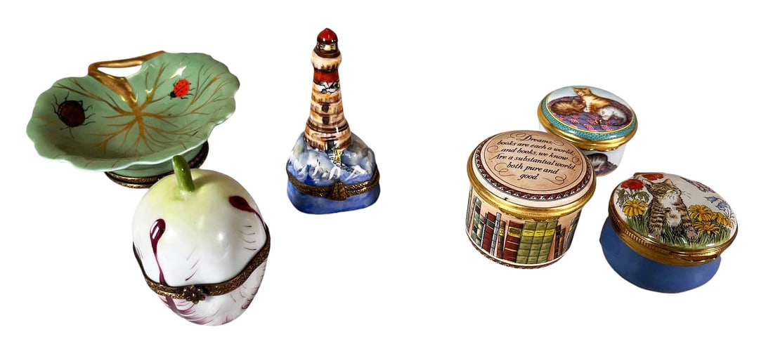 SET OF THREE LIMOGE AND TWO HALYCON TOBACCO BOXES: SET OF THREE LIMOGE AND TWO HALYCON TOBACCO BOXES. Height: 1.5 in. by Width: 3.4 in. by Depth: 3.4 in.