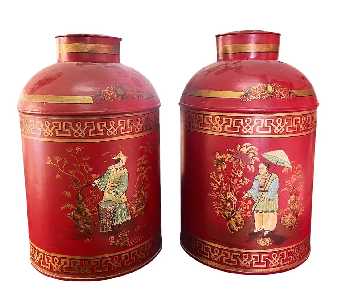 PAIR OF ANTIQUE ASIAN TOLE TEA CANISTERS (1 of 4)