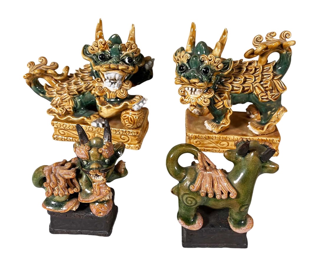 ANTIQUE CERAMIC FOO DOGS, CHINESE GLAZED LIONS (1 of 7)