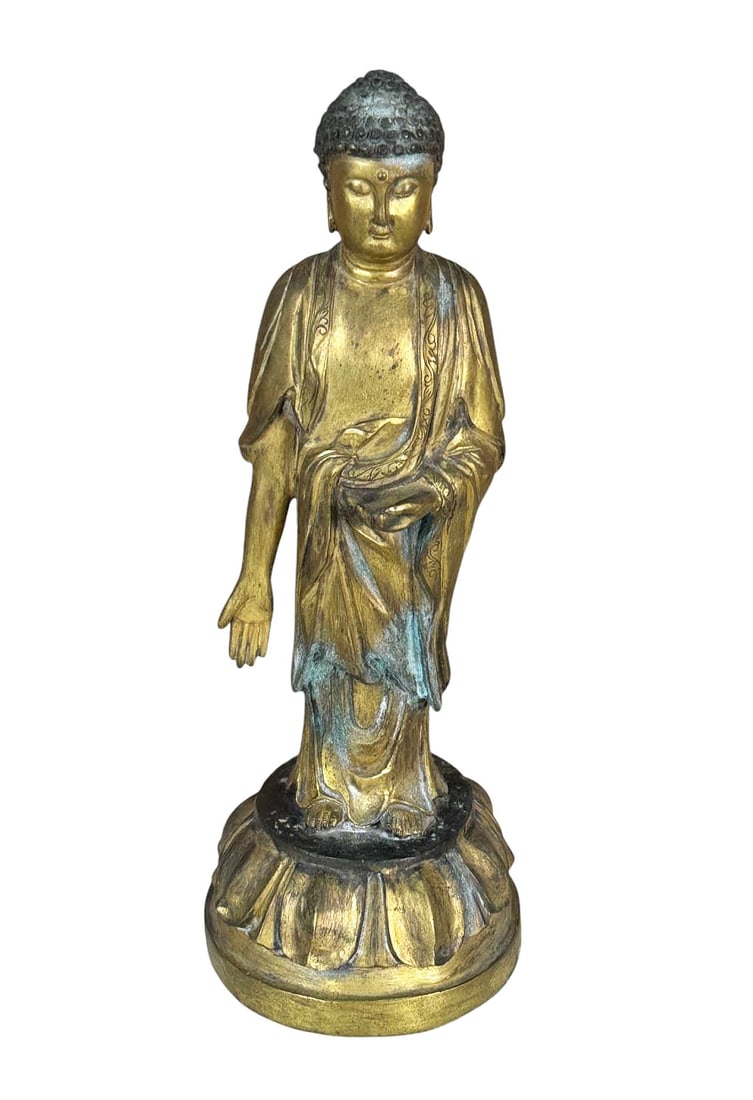 CHINESE ANTIQUE BRONZE SAKYAMUNI STANDING BUDDHA: CHINESE ANTIQUE BRONZE SAKYAMUNI STANDING BUDDHA Height: 11.5 in. by Width: 5