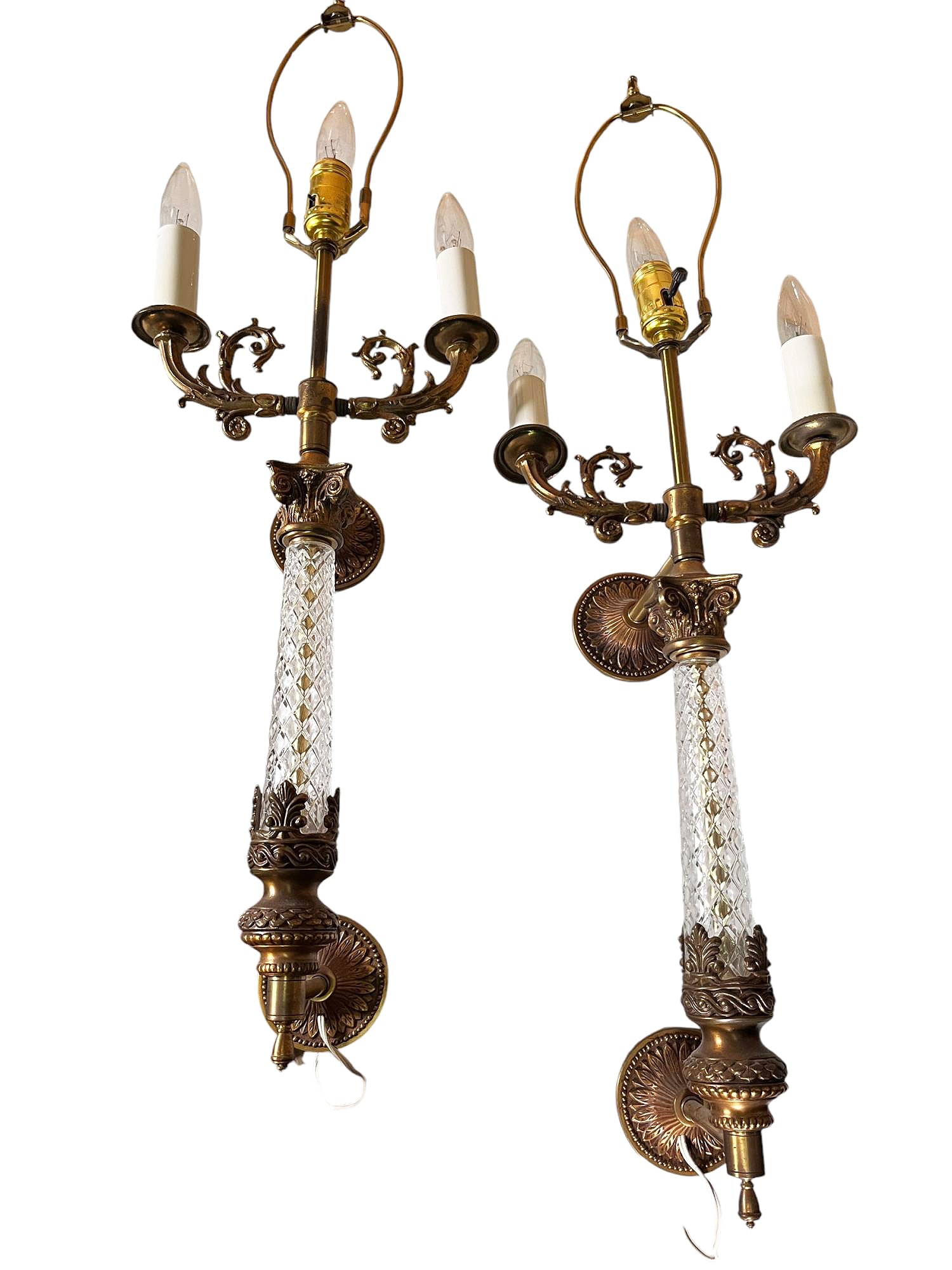 PAIR OF WALL MOUNT GILT METAL CUT CRYSTAL SCONCES (1 of 5)