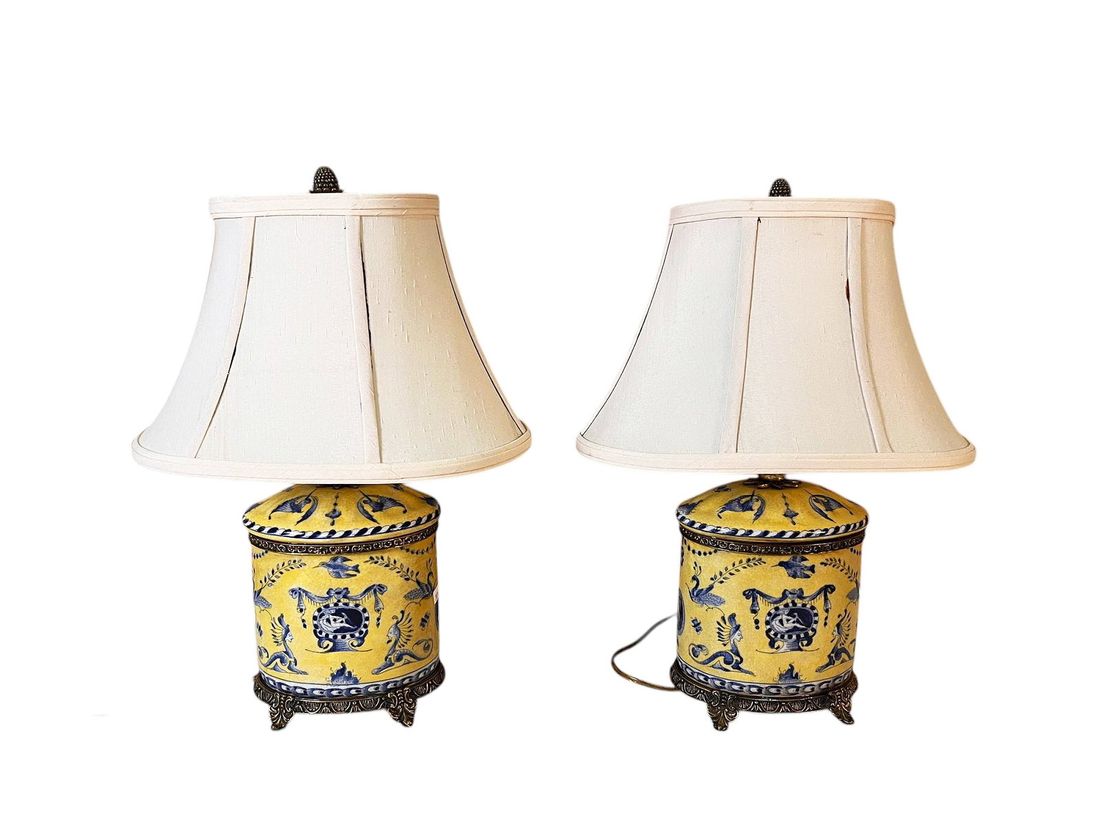 PAIR OF YELLOW PORCELAIN LAMPS W/ SHADES: PAIR OF YELLOW PORCELAIN LAMPS W/ SHADES. Height: 17 in. by Width: 12 in. by Depth: 9 in.