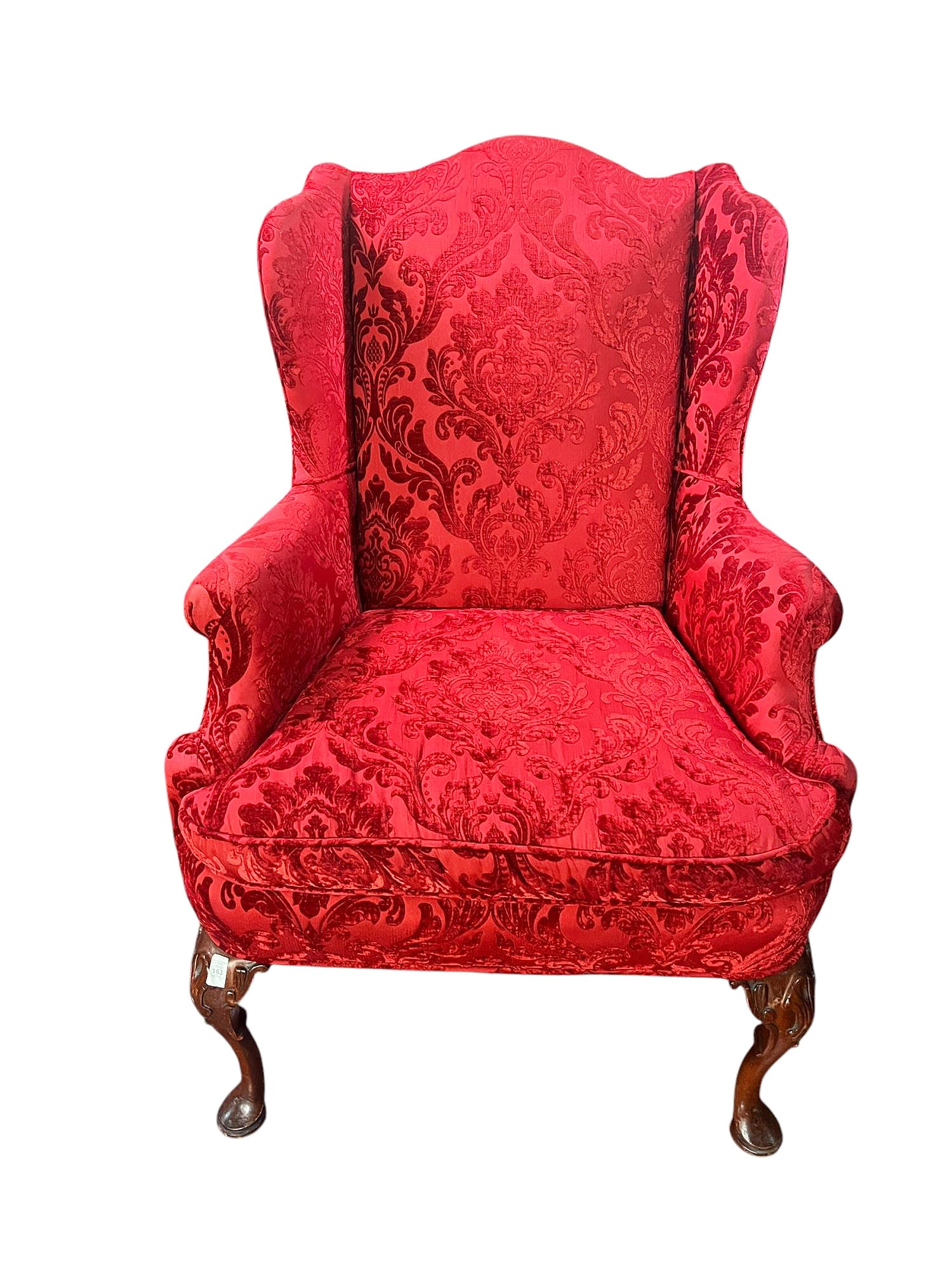CUT VELVET COVERED WINGBACK CHAIR: CUT VELVET COVERED WINGBACK CHAIR. SEAT HEIGHT OF 19 IN. Height: 40.5 in. by Width: 29.5 in. by Depth: 22 in.