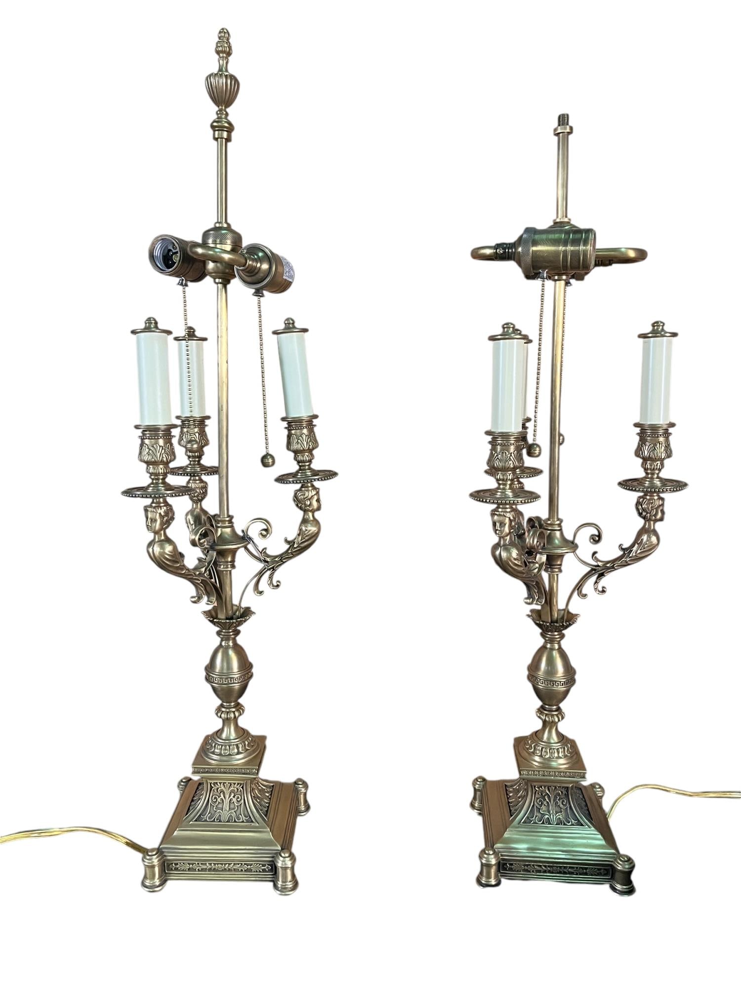 PAIR OF NEOCLASSICAL STYLE BRASS CANDELABRA  LAMPS (1 of 3)
