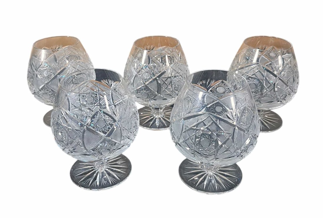 SET OF FIVE CRYSTAL CUT BRANDY GLASSES (1 of 4)