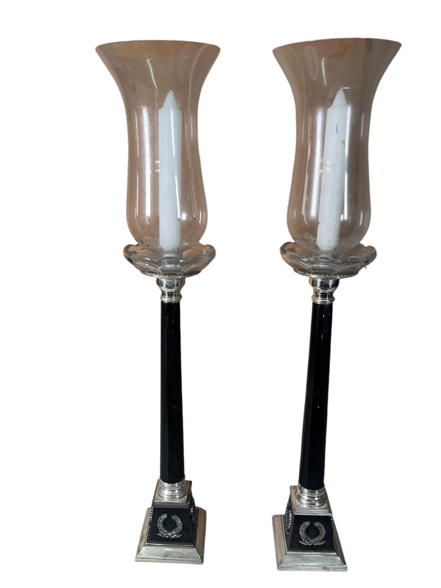 PAIR OF FRENCH NEOCLASSIC COLUMN CANDLESTICKS: PAIR OF FRENCH NEOCLASSIC COLUMN CANDLESTICKS W/ HURRICANE FLUTES Height: 24 in. by Width: 6 in. by Depth: 6 in.