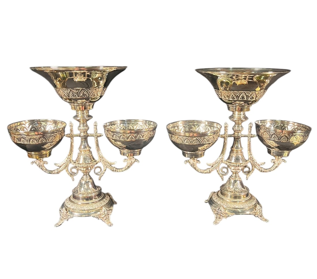 PAIR OF ANTIQUE ENGLISH SILVER EPERGNES: PAIR OF ANTIQUE ENGLISH SILVER PLATE EPERGNES. Height: 17 in. by Width: 16 in. by Depth: 10 in.