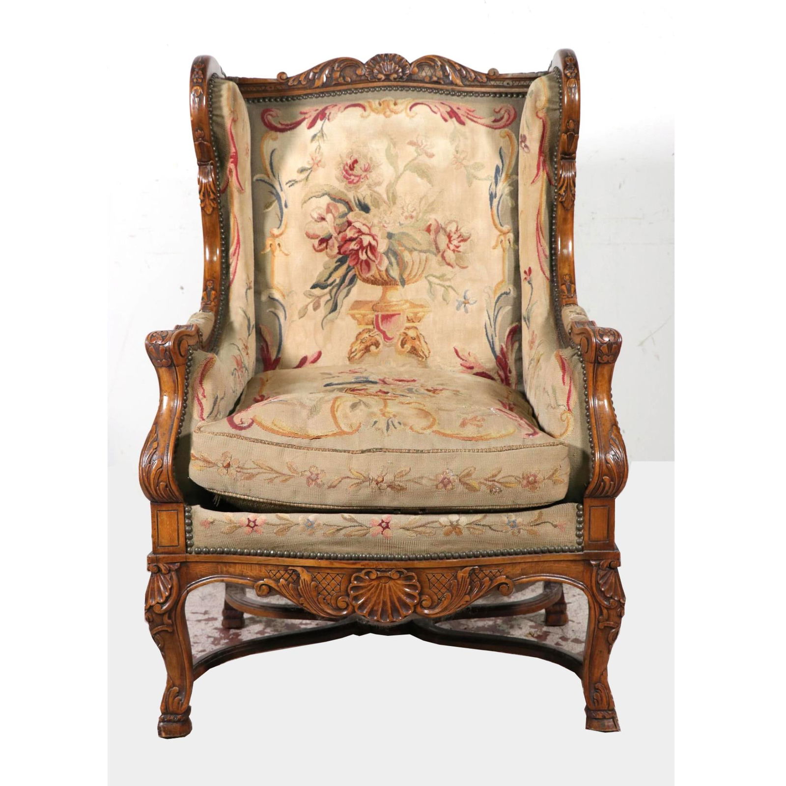 LOUIS XV STYLE AUBUSSON UPHOLSTERED ARMCHAIR: LOUIS XV STYLE AUBUSSON UPHOLSTERED ARMCHAIR. Height: 42 in. by Width: 28 in. by Depth: 24 in.