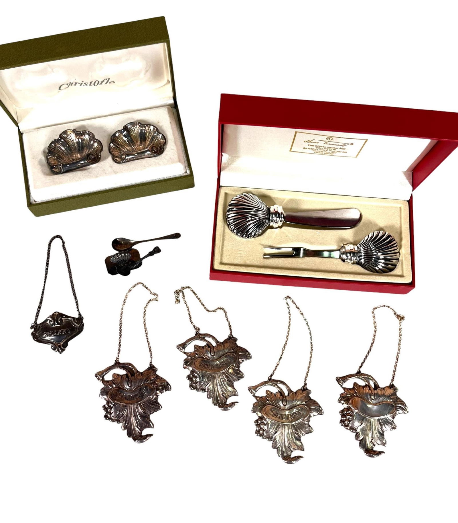 CHRISTOFLES FRUIT SET, HANS TURNSWODS: SILVER LIQUOR LABELS, CHRISTOFLES FRUIT SET 24 k gold plated or silver plated Height: 5 in. by Width: 1 in.