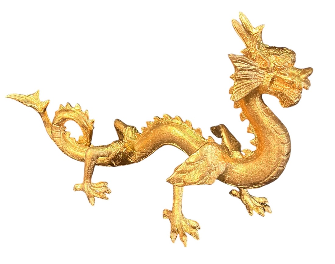 GILT OLD METAL CHINESE DRAGON: GILT METAL CHINESE DRAGON. Height: 29.5 in. by Width: 32 in. by Depth: 13 in.