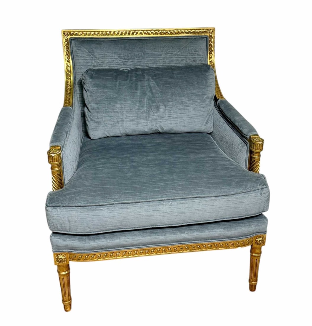 PAIR OF LOUIS XVI ARMCHAIRS GILT AND BLUE VELVET: PAIR OF LOUIS XVI ARMCHAIRS GILT AND BLUE VELVET SEAT HEIGHT= 20 IN. Height: 36 in. by Width: 28 in. by Depth: 27 in.