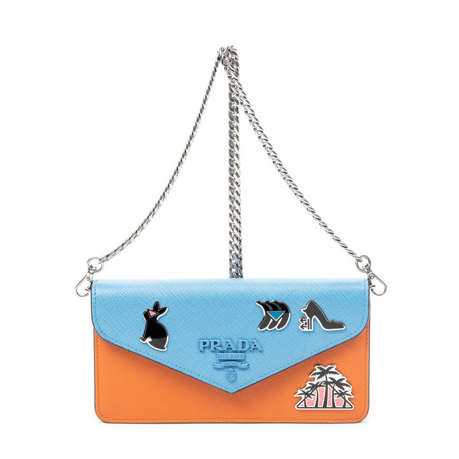 Prada Character Chain Wallet: Prada Character Chain Wallet Orange/Blue Saffiano Leather Interlaced Chain Silver Hardware 85N Italy AAY9770 Height: 4 in. by Width: 7 in. by Depth: 1