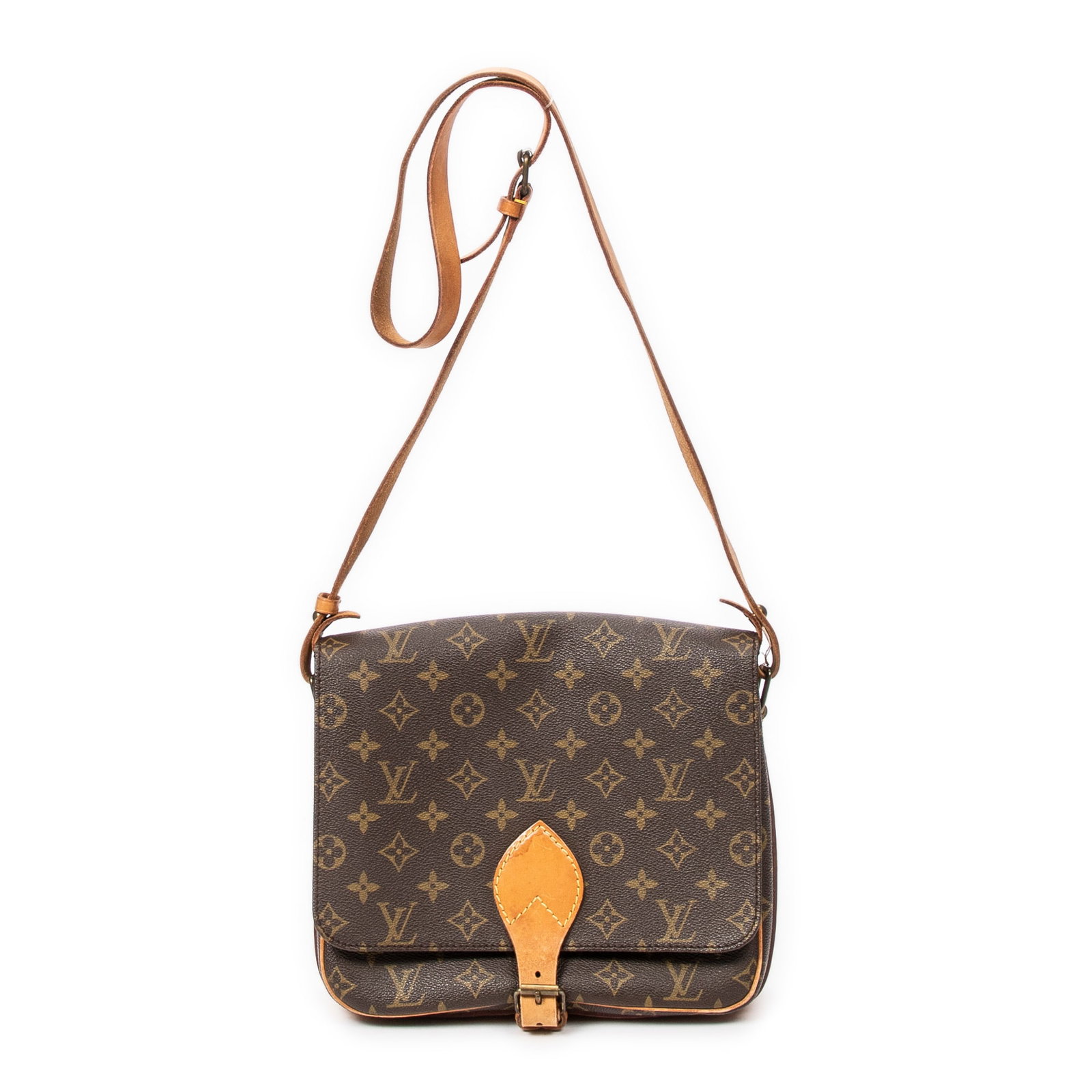 Louis Vuitton Cartouchiere Shoulder Bag: Louis Vuitton Cartouchiere Shoulder Bag Brown Monogram Canvas Vachetta Handles Golden Brass Hardware 861 (Jan 1986),France AAZ4872 Height: 8 in. by Width: 10 in. by Depth: 3