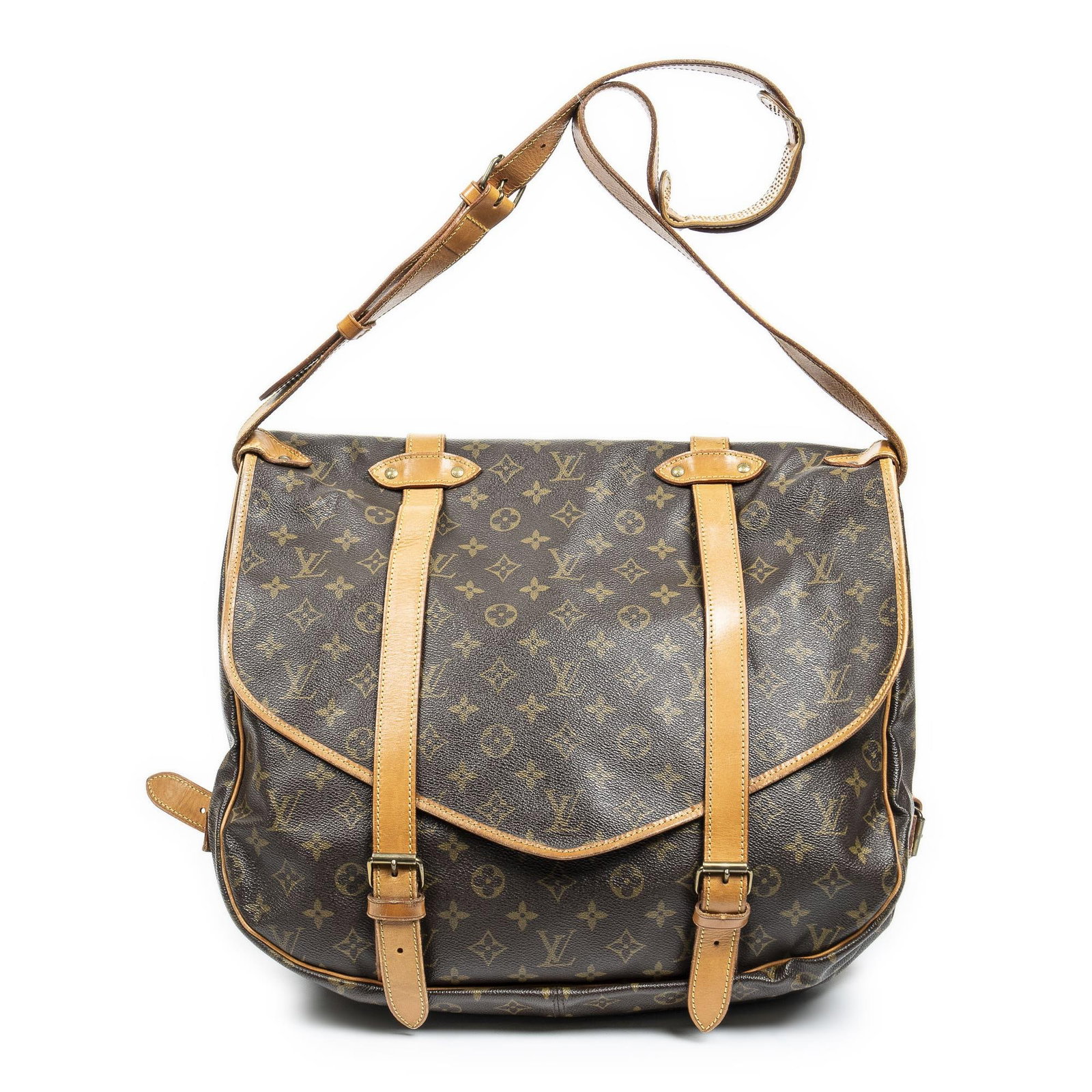 Louis Vuitton Saumur Double Straps Shoulder Bag: Louis Vuitton Saumur Double Straps Shoulder Bag Brown Monogram Canvas Vachetta Handle Golden Brass Hardware 884VI (Apr 1988),France AAZ8484 Height: 13 in. by Width: 14 in. by Depth: 6