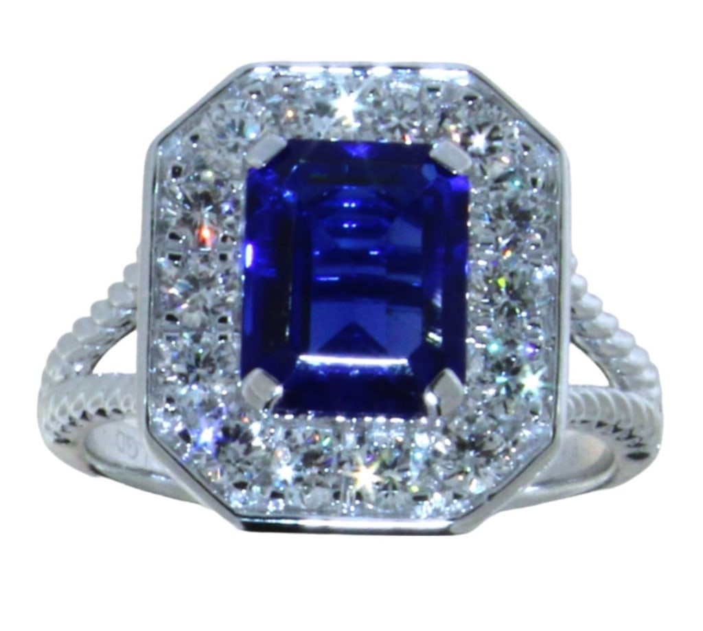 Emerald Cut 3.05 ct Sapphire & Lab Diamond Ring (1 of 4)