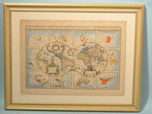WORLD MAP HAND COLORED ENGRAVING: WORLD MAP HAND COLORED ENGRAVING MARKED NIC. GEILEKERCK, DATED 1615. Height: 32 and 22 in. by Width: 40 and 30 in. by Depth: 1 1/2 in.
