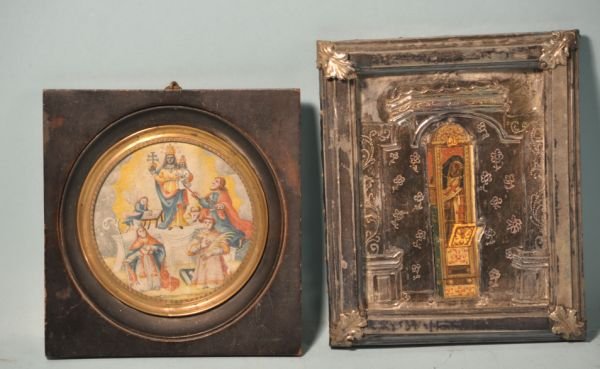 TWO ICONS: EARLY WATERCOLOR ON PAPER WITH MADONNA & CHILD ON AN ALTAR WITH ARTIST BELOW AN ANGEL, BISHOPS, TOGETHER WITH SILVER METAL AND PAINTED ICON OF A NUN.