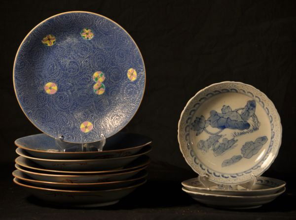 LOT OF TEN ANTIQUE CHINESE PORCELAIN PLATES: LOT OF TEN ANTIQUE CHINESE PORCELAIN PLATES. SEVEN BLUE WITH INCISED PATTERN AND THREE BLUE & WHITE. Height: 10 1/2 and 7 3/4 in. by Width: 10 1/2 and 7 3/4 in. by Depth: 1 1/2 and 1 1/4 in.