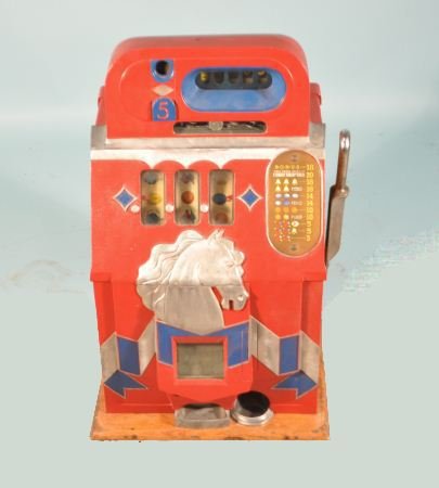 MILLS "HORSE HEAD BONUS" NOVELTY SLOT MACHINE: MILLS "HORSE HEAD BONUS" NOVELTY 5 CENT SLOT MACHINE. Height: 25 in. by Width: 16 in. by Depth: 13.5 in