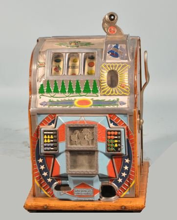 FIVE CENT ROCKOLAS SLOT MACHINE: FIVE CENT ROCKOLAS SLOT MACHINE. Height: 29 in. by Width: 16 in. by Depth: 15 in.