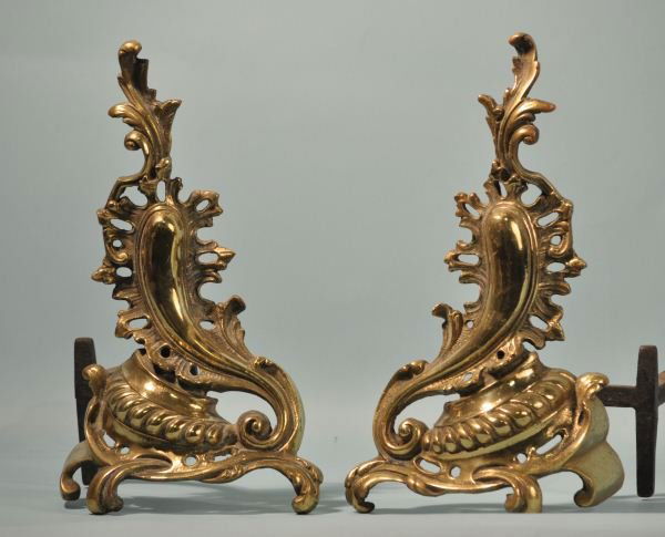 PAIR OF 19th C. FRENCH BAROQUE FIREPLACE ANDIRONS: PAIR OF 19th CENTURY FRENCH BRASS BAROQUE FIREPLACE ANDIRONS. . Height: 18 in. by Width: 10 in. by Depth: 7 in.